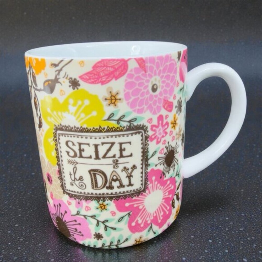 C R Gibson Seize The Day Ceramic Coffee Mug Cup Stoneware Floral Pattern Mug Cup
